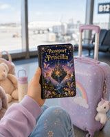 Housse de passeport personnalisée tenue en main par un enfant à l'aéroport avec valise licorne – design féérique – prénom Priscillia