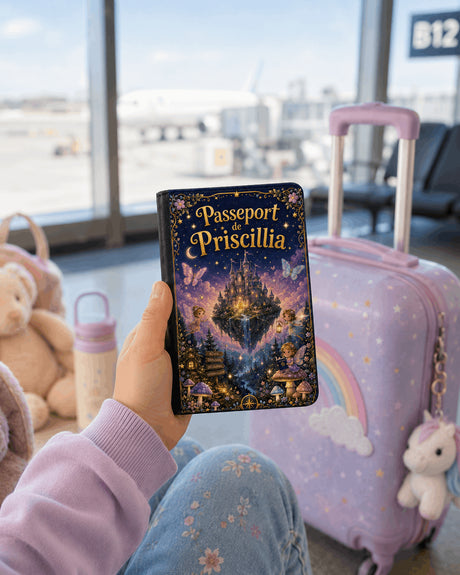 Housse de passeport personnalisée tenue en main par un enfant à l'aéroport avec valise licorne – design féérique – prénom Priscillia