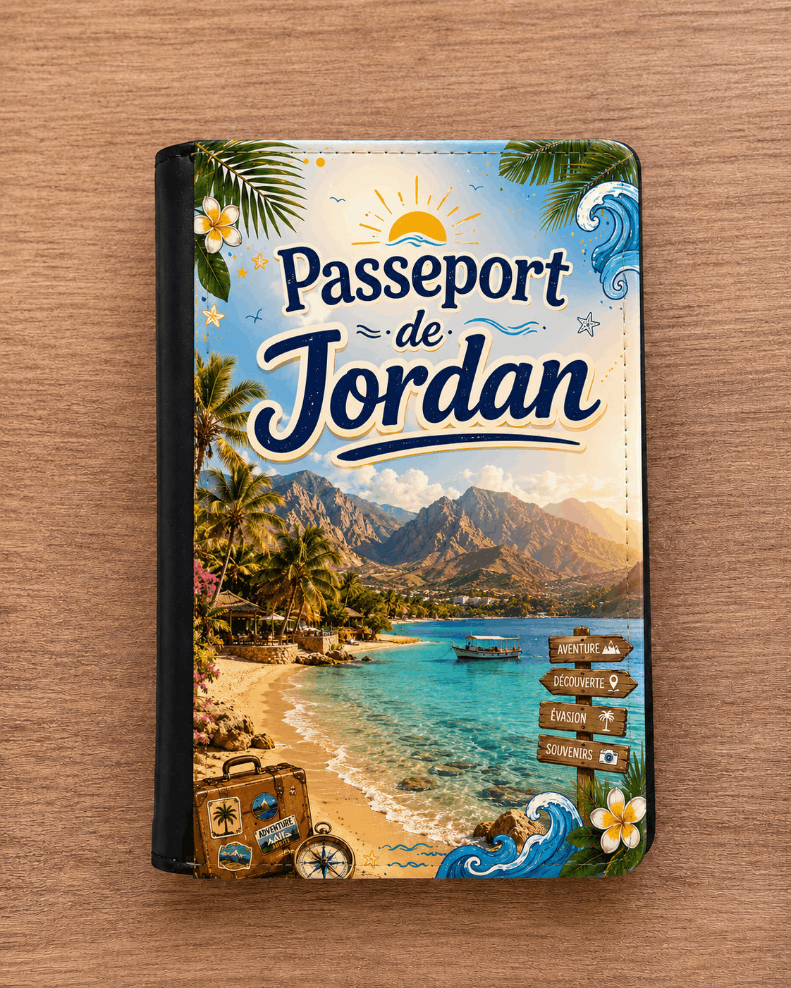 Housse de Passeport Personnalisée – Évasion Tropicale & Aventure – Prénom Inclus Sublimation Store
