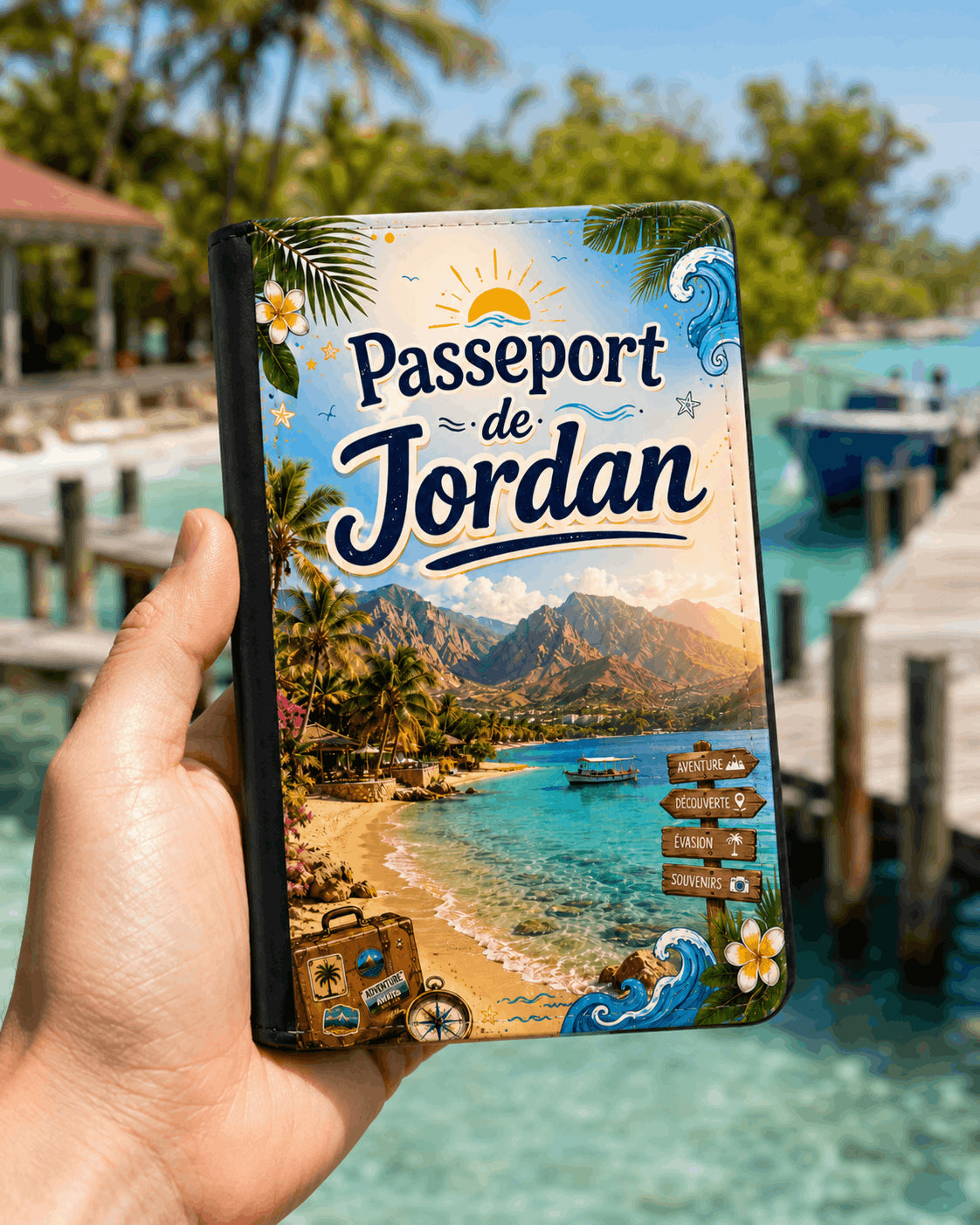 Housse de Passeport Personnalisée – Évasion Tropicale & Aventure – Prénom Inclus Sublimation Store