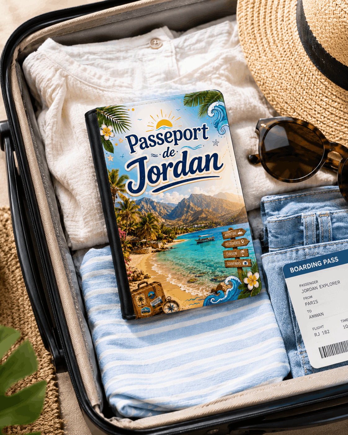 Housse de Passeport Personnalisée – Évasion Tropicale & Aventure – Prénom Inclus Sublimation Store