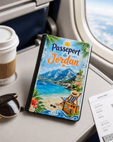 Housse de passeport personnalisée posée dans un avion avec carte d'embarquement – design plage montagne – prénom Jordan