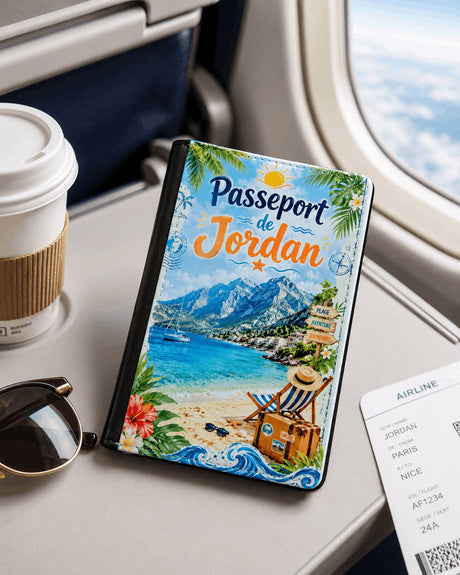 Housse de passeport personnalisée posée dans un avion avec carte d'embarquement – design plage montagne – prénom Jordan