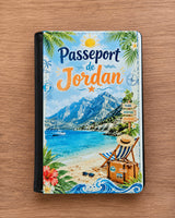 Housse de passeport personnalisée fermée – face avant design vacances plage montagne simili cuir – prénom Jordan