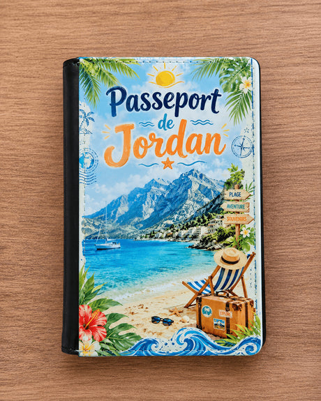 Housse de passeport personnalisée fermée – face avant design vacances plage montagne simili cuir – prénom Jordan