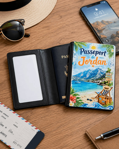 Housse de passeport personnalisée ouverte avec passeport – design vacances plage et montagne – prénom Jordan