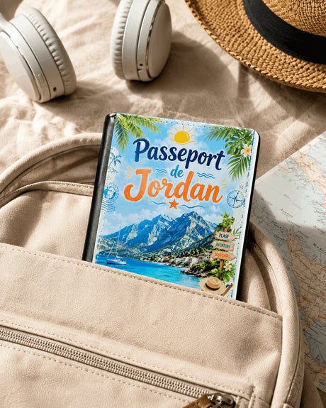 Housse de passeport personnalisée glissée dans un sac à dos – design vacances été – prénom Jordan