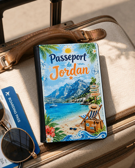 Housse de passeport personnalisée sur une valise avec boarding pass – design plage et montagne – prénom Jordan