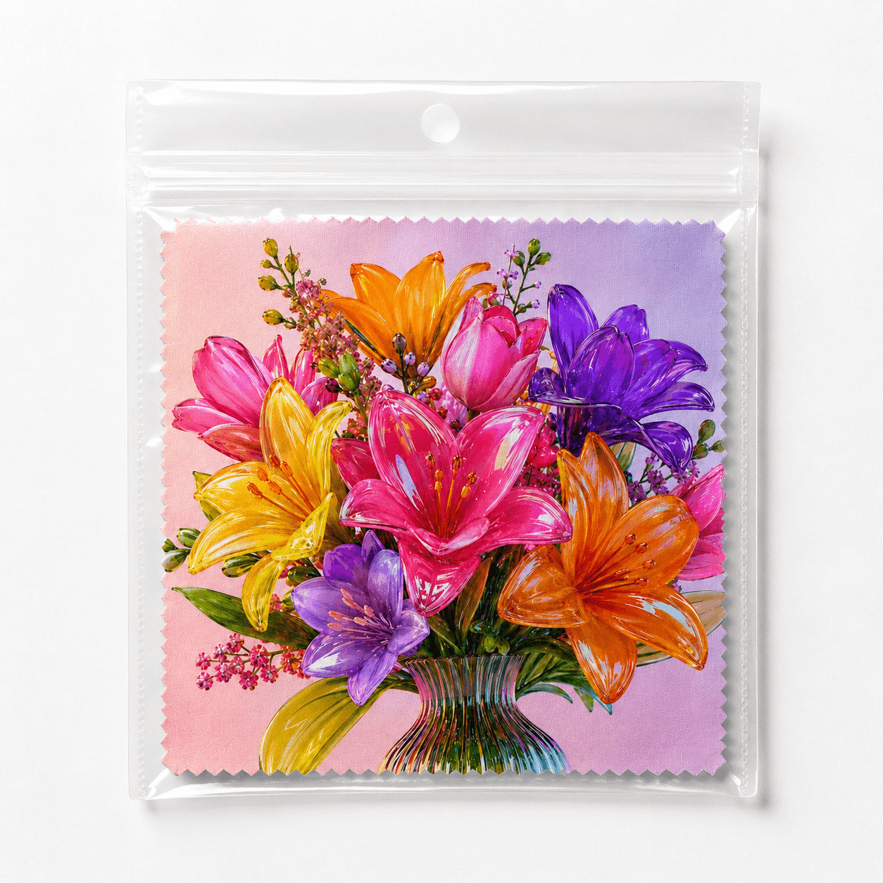 Lingette lunette bouquet de lys multicolore dans son emballage zip transparent