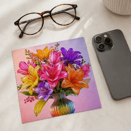 Lingette lunette bouquet de lys multicolore avec lunettes et smartphone
