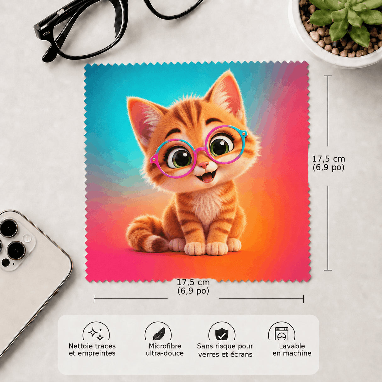 Lingette chaton 17,5x17,5cm microfibre douce lavable en machine