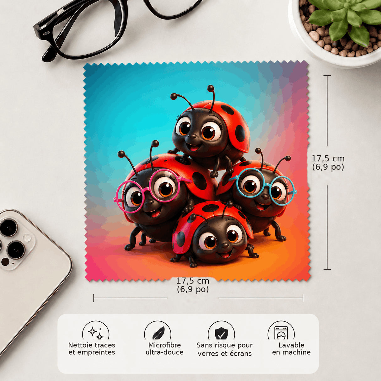 Lingette coccinelles 17,5x17,5cm microfibre douce lavable en machine