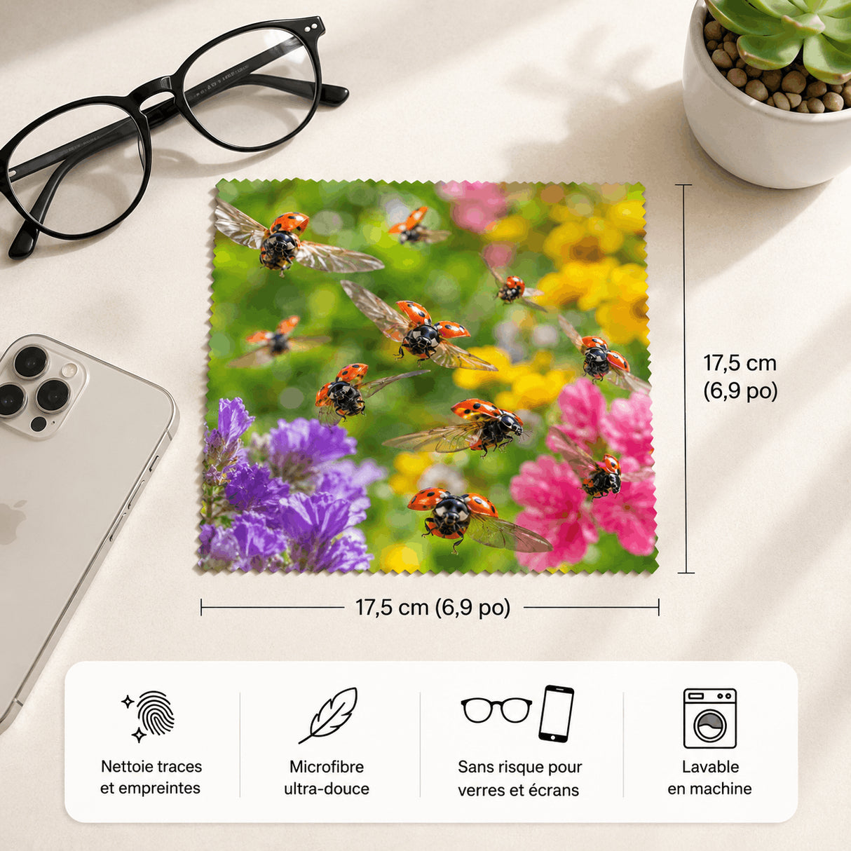 Lingette coccinelles 17,5x17,5cm microfibre douce lavable en machine