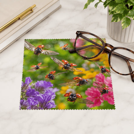 Lingette coccinelles posée avec des lunettes de vue sur bureau