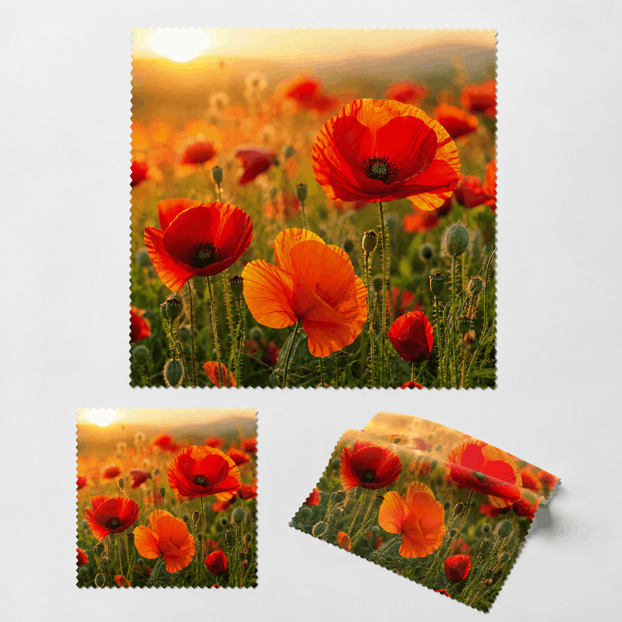Lingette microfibre champ de coquelicots, plusieurs angles et tailles
