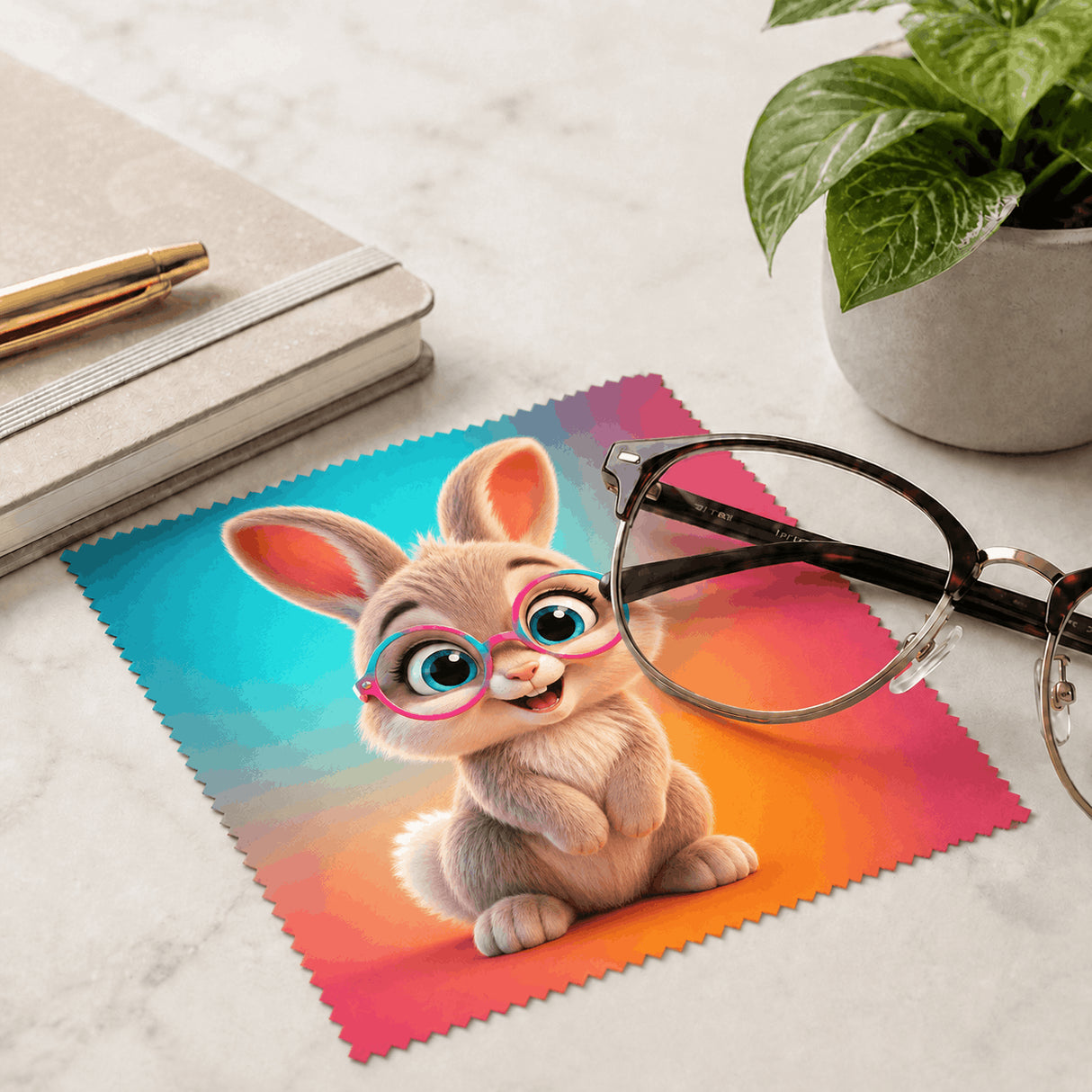 Lingette lapin à lunettes posée avec des lunettes de vue sur bureau