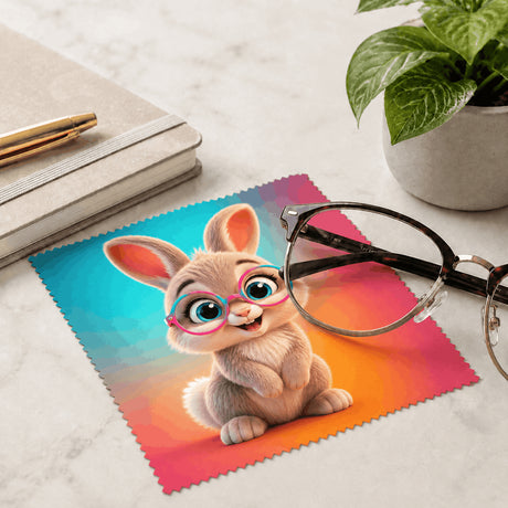 Lingette lapin à lunettes posée avec des lunettes de vue sur bureau