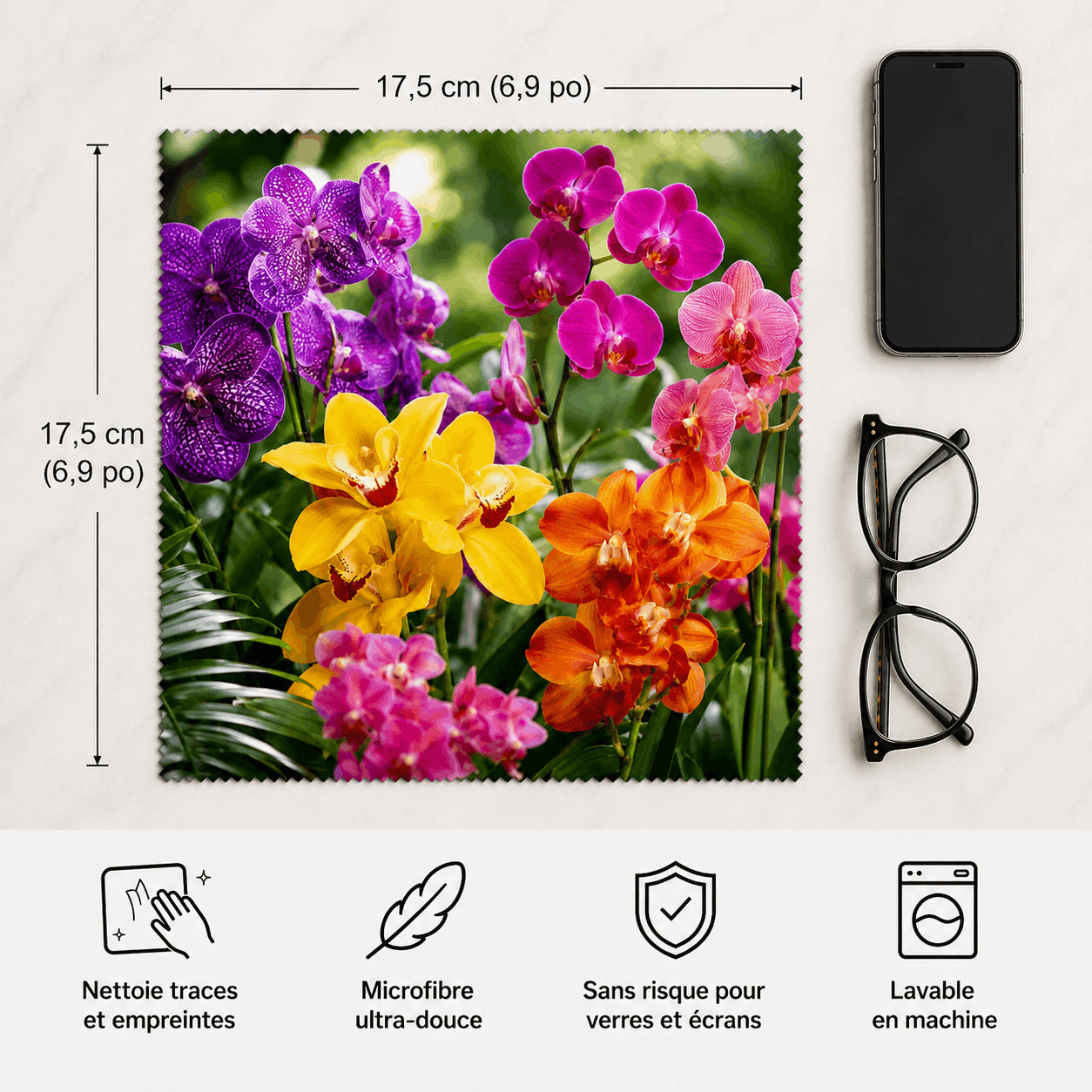 Lingette orchidées 17,5x17,5cm microfibre douce lavable en machine
