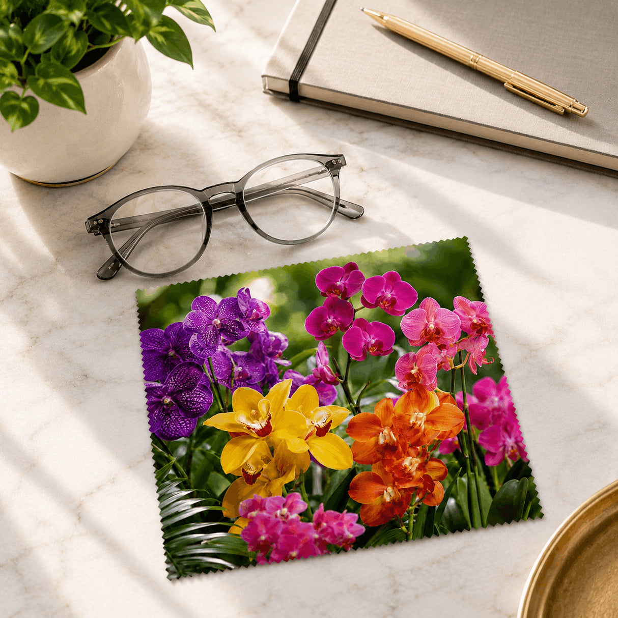 Lingette orchidées posée avec téléphone et lunettes sur bureau