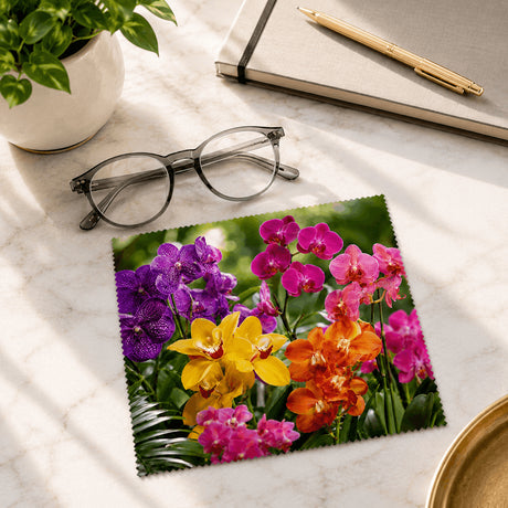 Lingette orchidées posée avec téléphone et lunettes sur bureau