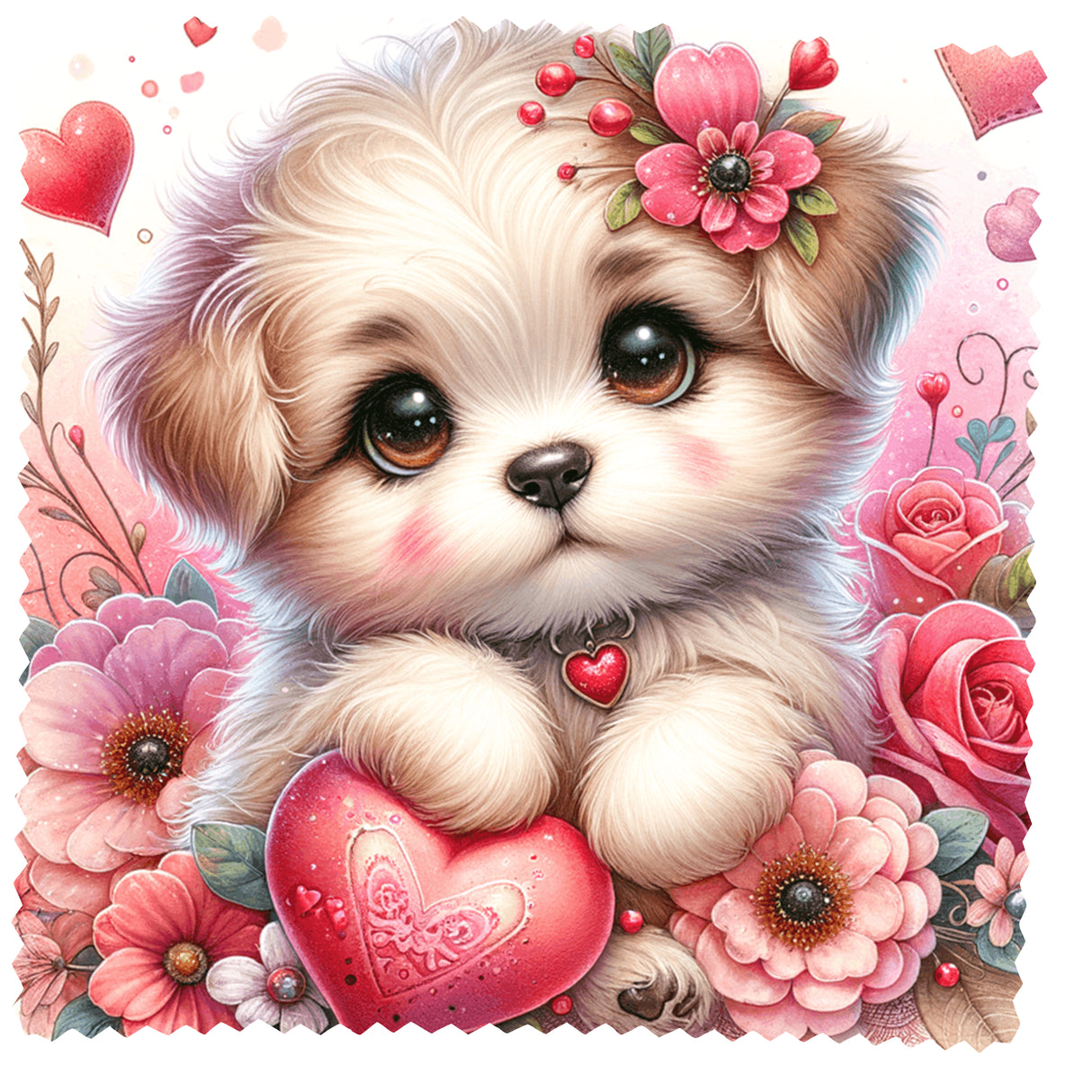 Lingette Lunettes Microfibre “Chiot Cœur d’Amour” – Fleurs & Saint-Valentin – 17,5 × 17,5 cm