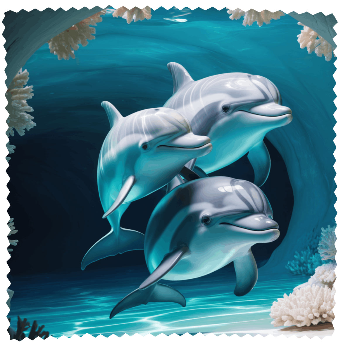 Lingette Lunettes Microfibre “Trio de Dauphins Océan” – Fond Marin Bleu – 17,5 × 17,5 cm