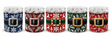 Lot de 5 mugs de Noël en céramique alignés sur fond blanc, cinq styles de costume du Père Noël : rouge, tricot, bleu, vert