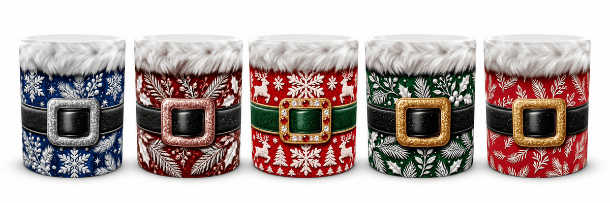 Lot de 5 mugs de Noël en céramique alignés sur fond blanc, cinq styles de costume du Père Noël : rouge, tricot, bleu, vert