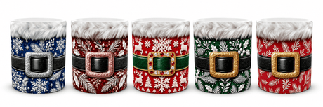 Lot de 5 mugs de Noël en céramique alignés sur fond blanc, cinq styles de costume du Père Noël : rouge, tricot, bleu, vert