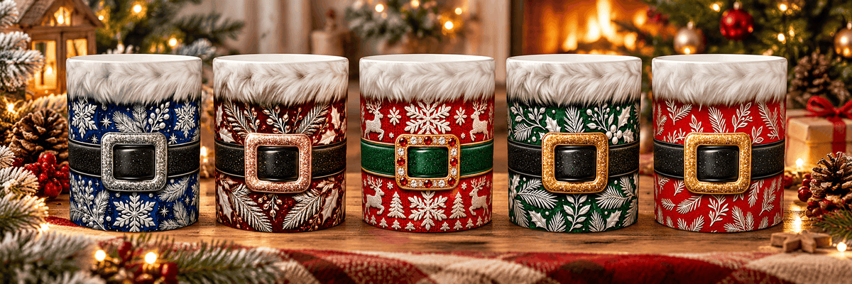 Lot de 5 mugs de Noël en céramique aux cinq costumes de Père Noël, posés ensemble dans une ambiance de fêtes