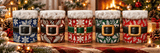 Lot de 5 mugs de Noël en céramique aux cinq costumes de Père Noël, posés ensemble dans une ambiance de fêtes
