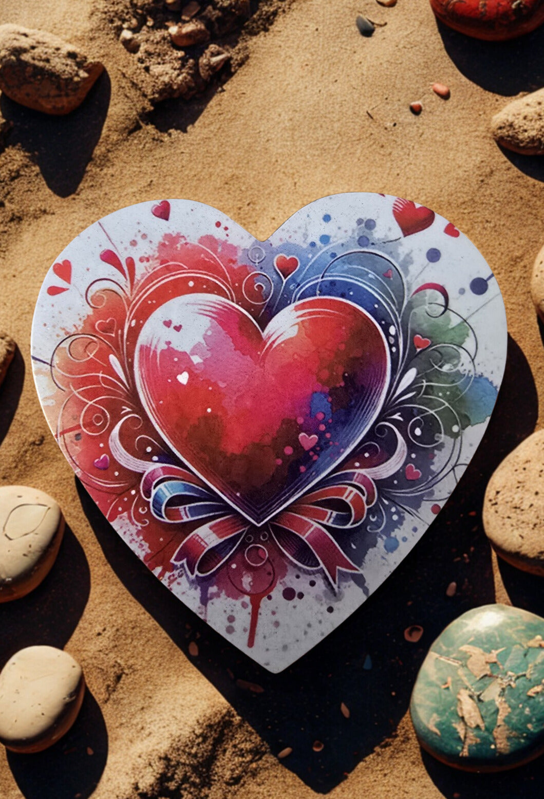 Magnet Cœur Aquarelle “Ruban d’Amour” – Rouge & Bleu (6,5 cm)