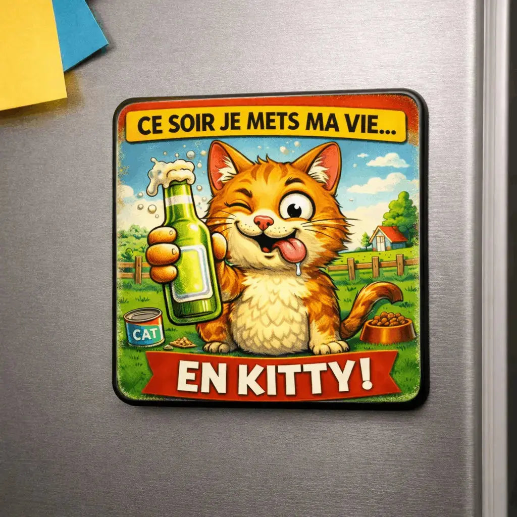 Magnet Frigo Humoristique Chat “Ce soir je mets ma vie… en kitty !” – Bois 6x6 cm Ultra Brillant Sublimation Store