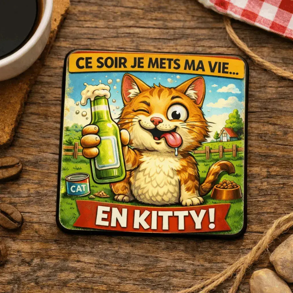 Magnet Frigo Humoristique Chat “Ce soir je mets ma vie… en kitty !” – Bois 6x6 cm Ultra Brillant Sublimation Store