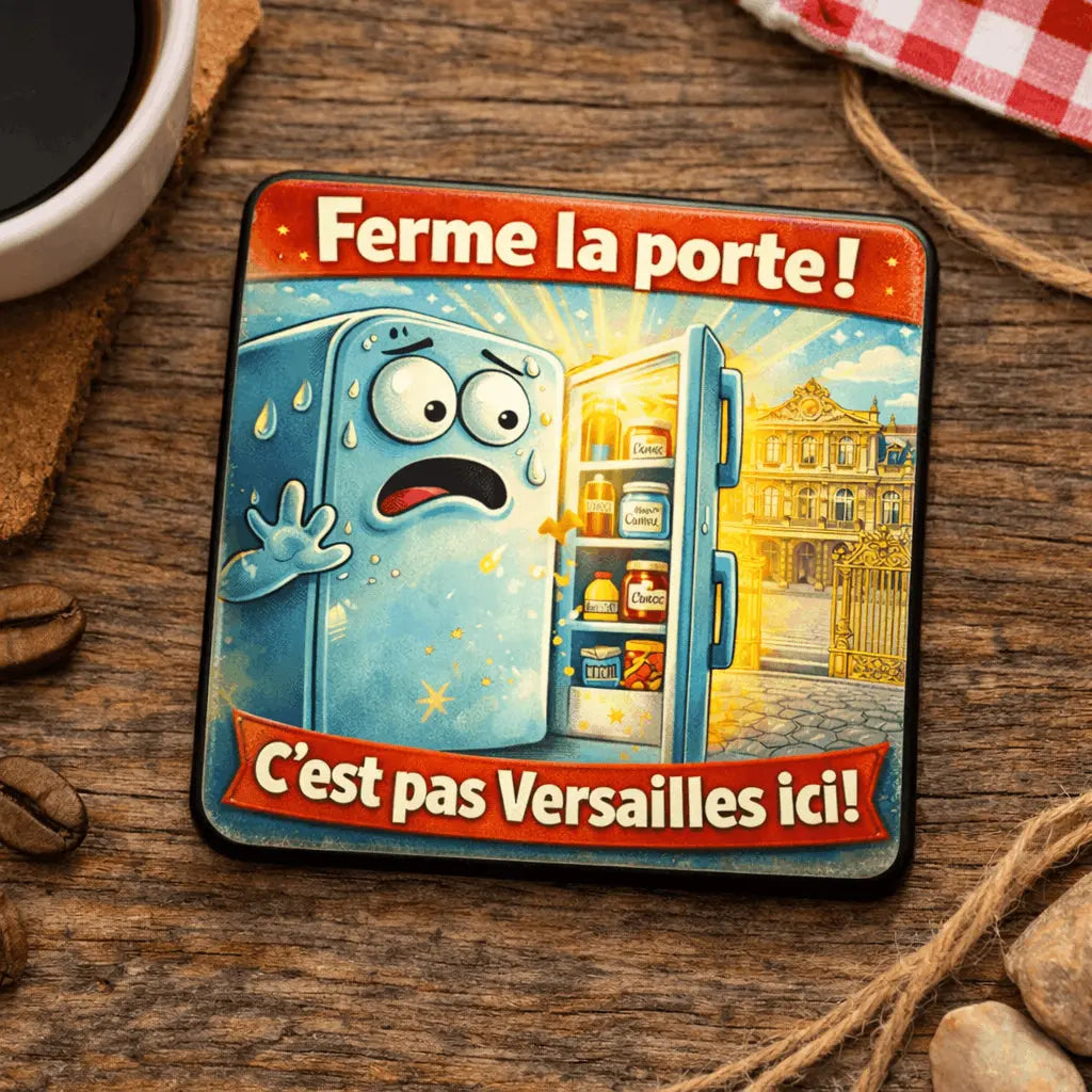 Magnet Frigo Humoristique “Ferme la porte ! C’est pas Versailles ici !” – Bois 6x6 cm Sublimation Store