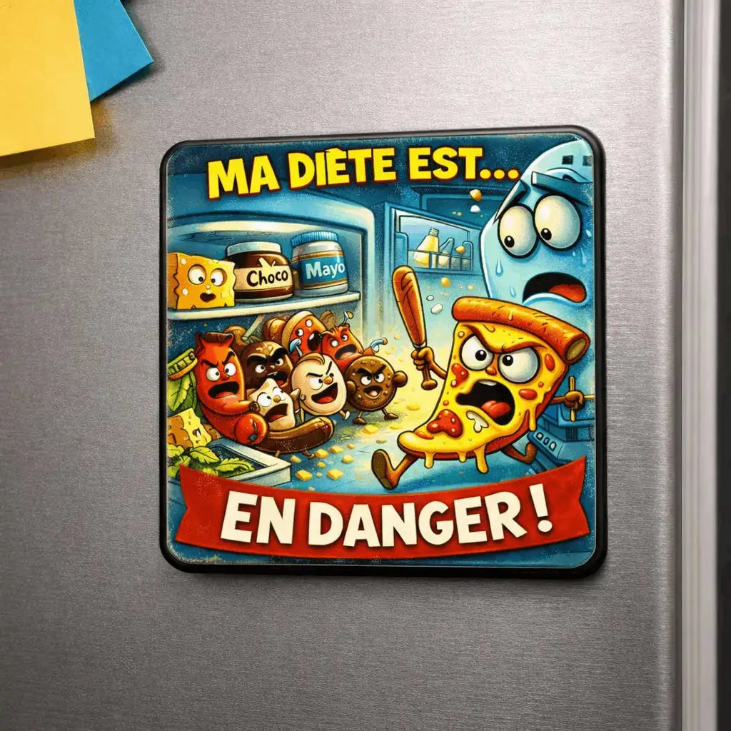 Magnet Frigo Humoristique “Ma diète est… en danger !” – Bois 6x6 cm Ultra Brillant Sublimation Store