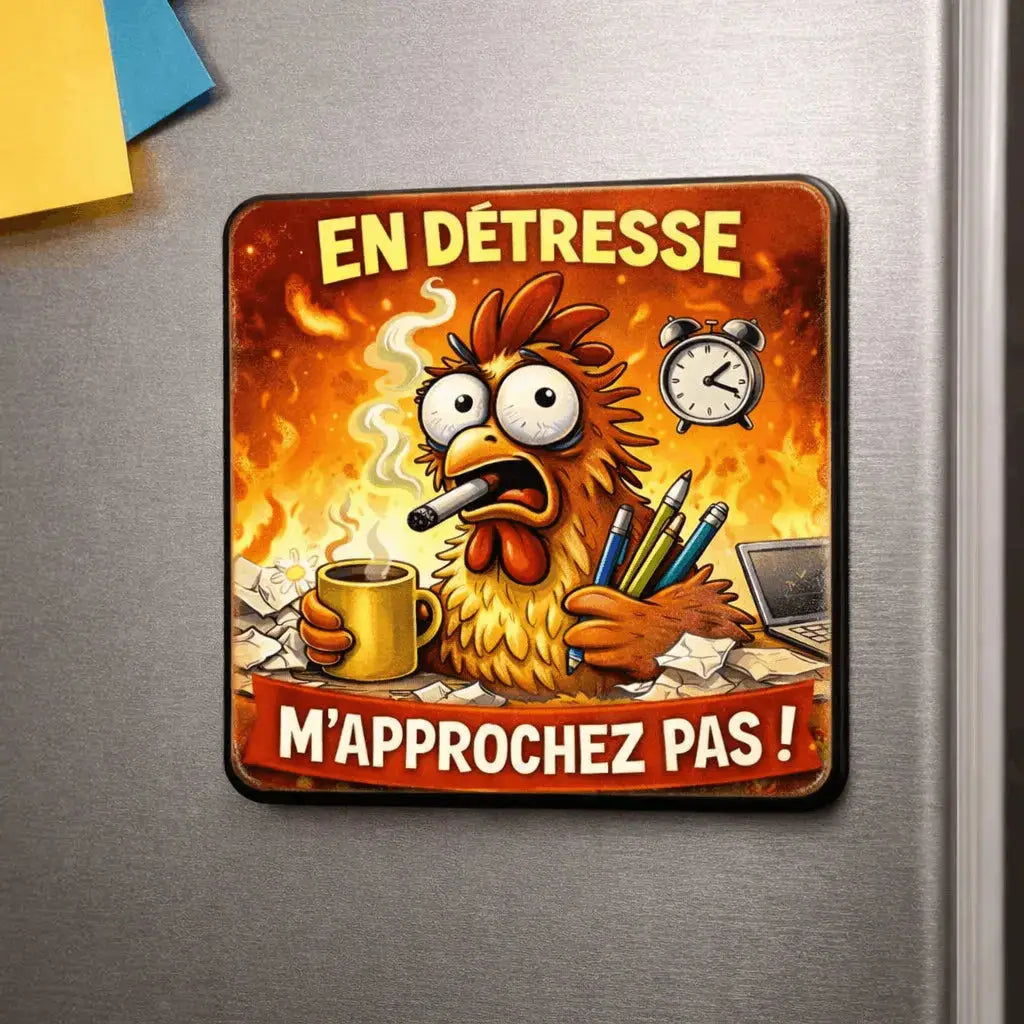 Magnet Frigo Humoristique “En détresse… M’approchez pas !” – Bois 6x6 cm Ultra Brillant Sublimation Store