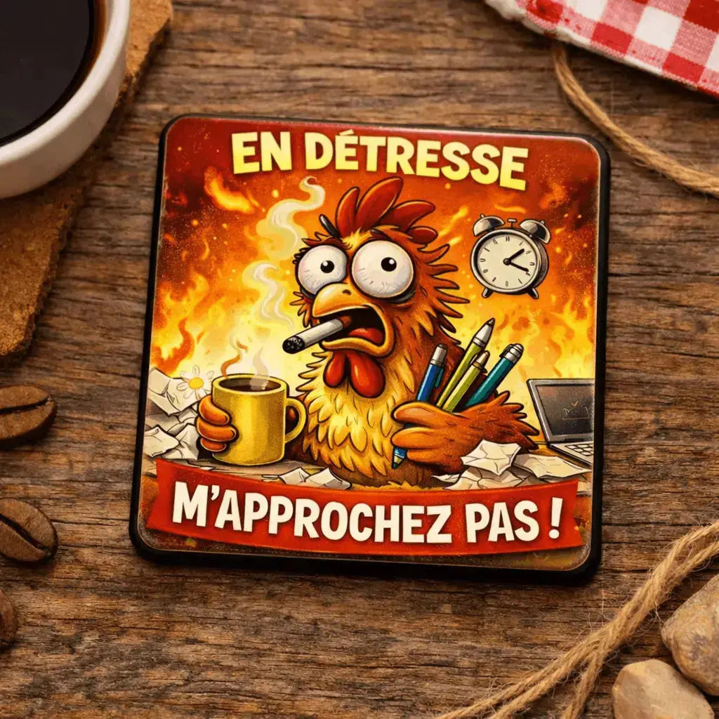 Magnet Frigo Humoristique “En détresse… M’approchez pas !” – Bois 6x6 cm Ultra Brillant Sublimation Store