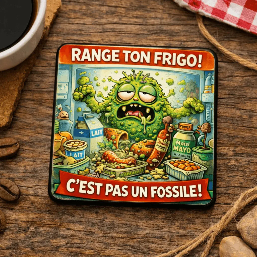 Magnet Frigo Humoristique “Range ton frigo ! C’est pas un fossile !” – Bois 6x6 cm Ultra Brillant Sublimation Store