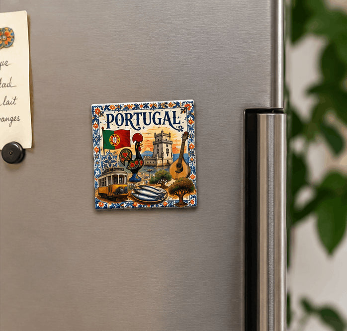 Magnet Portugal azulejos coq de Barcelos posé sur réfrigérateur inox