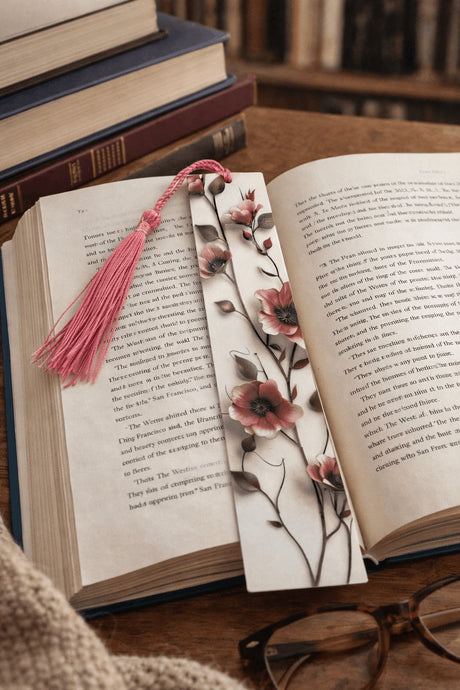 marque page floral anemones rosees avec pompon aleatoire dans des livres en situation de lecture