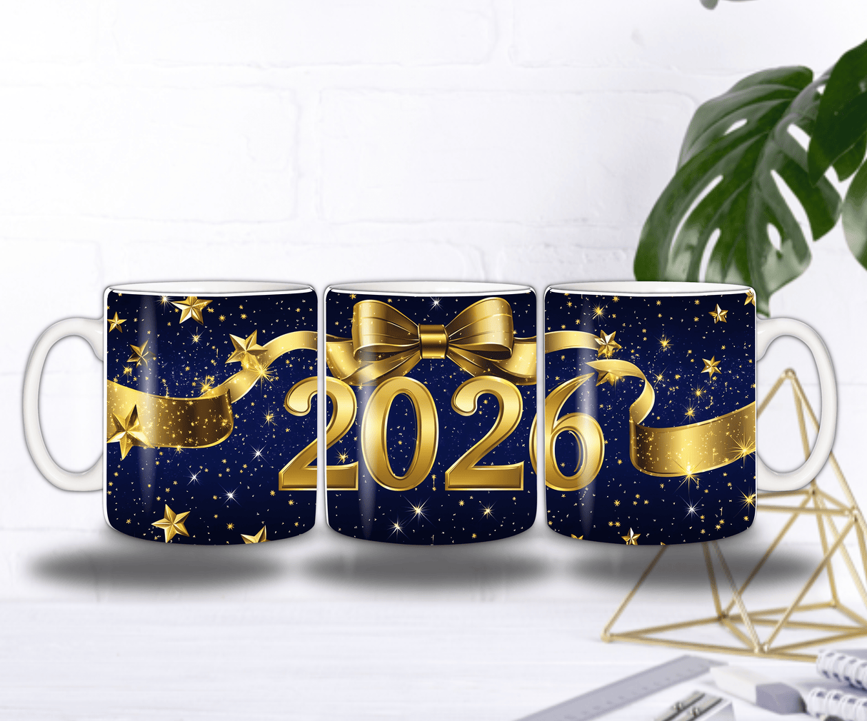 Mug “2026” Bleu Nuit & Or – Étoiles, Ruban Doré et Nœud Chic (Sublimation)