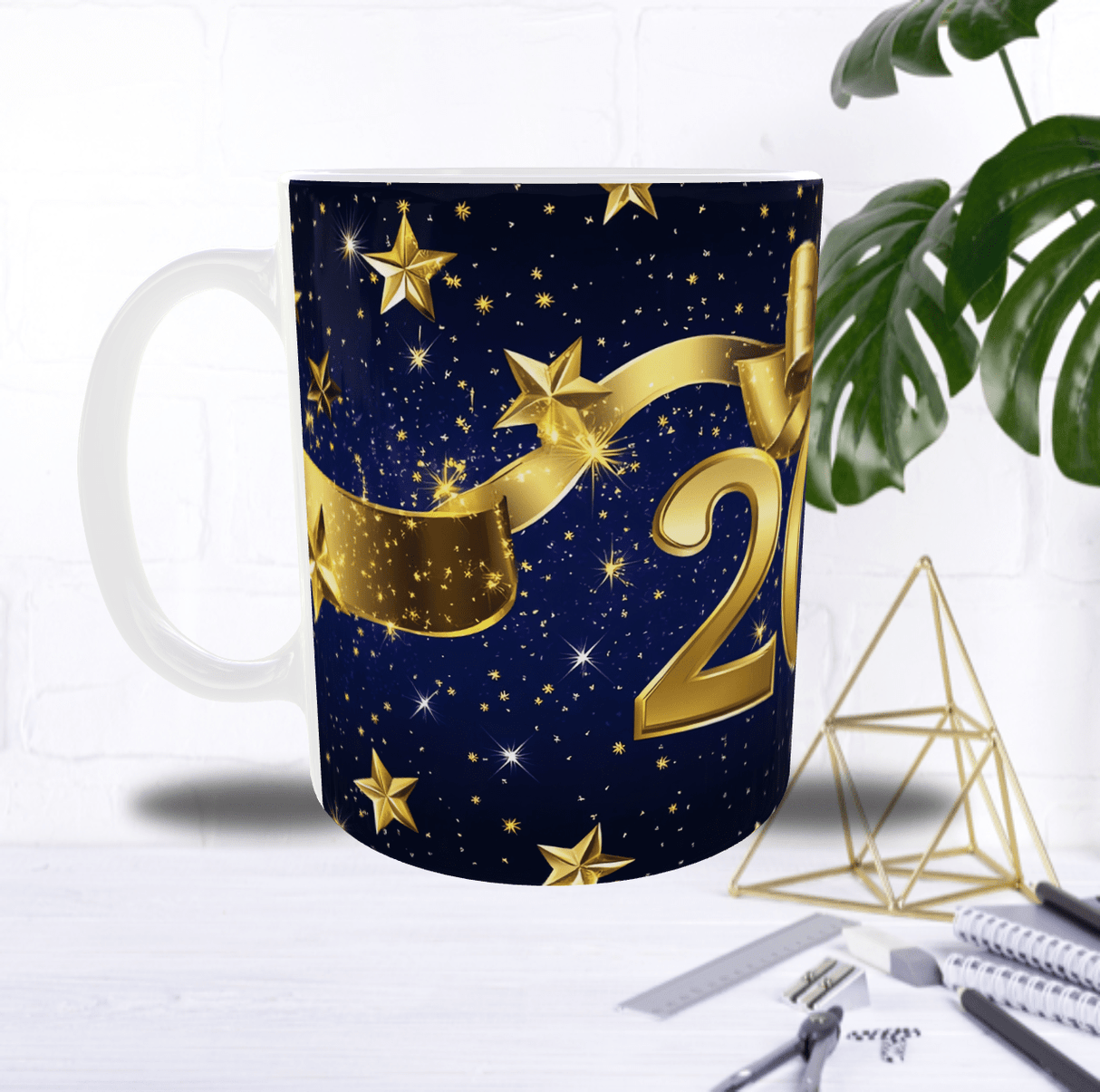 Mug “2026” Bleu Nuit & Or – Étoiles, Ruban Doré et Nœud Chic (Sublimation)