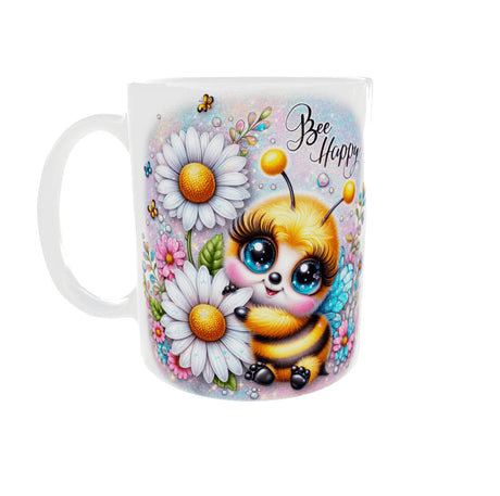 mug abeille kawaii bee happy fleurs vue anse gauche