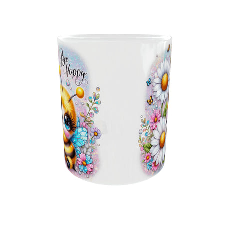 mug abeille kawaii bee happy fleurs design mignon vue face