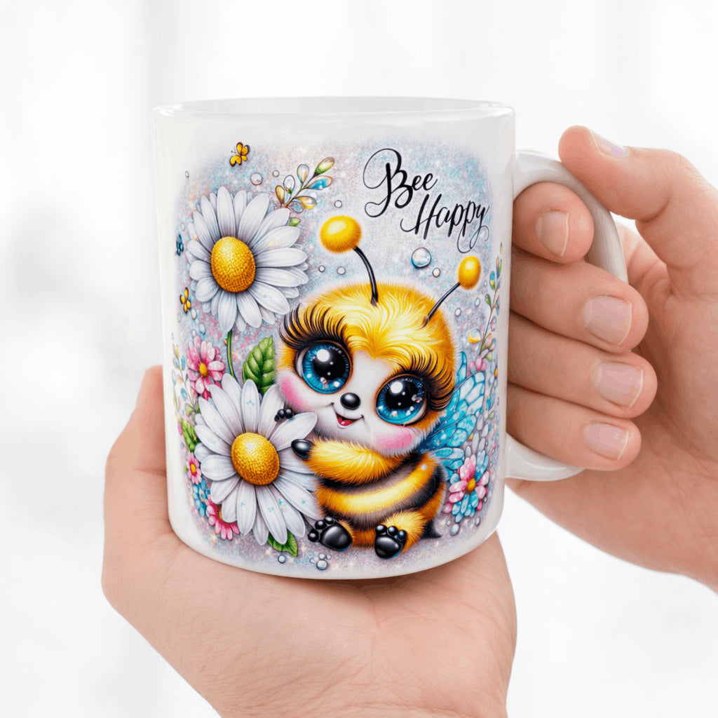 mug abeille kawaii bee happy tenu en main tasse fleurie