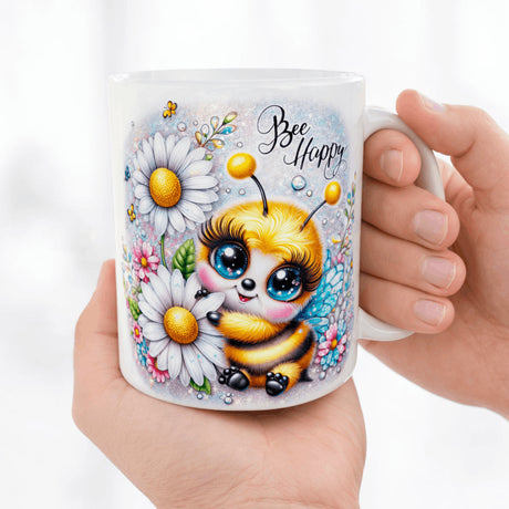 mug abeille kawaii bee happy tenu en main tasse fleurie