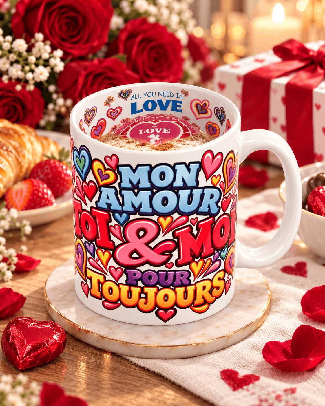 Mug blanc Mon amour Toi et Moi pour toujours avec café mousseux, posé sur un set marbré, roses rouges et croissant autour