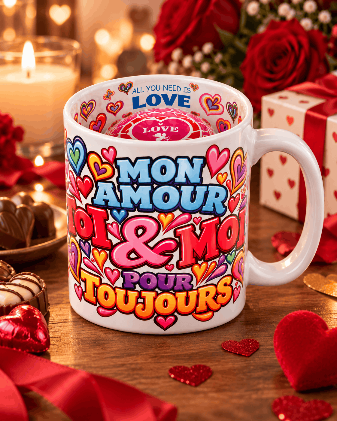 Mug amour imprimé de cœurs colorés posé sur une table en bois avec chocolats, bougies, roses rouges et cadeau à cœurs