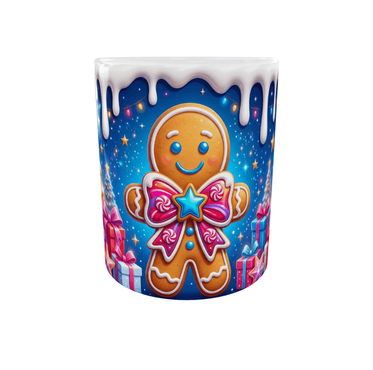 Mug de Noël bonhomme pain d'épices au nœud rose et étoile bleue vu de face, effet glaçage blanc coulant sur fond bleu nuit